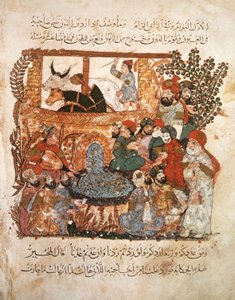 Verzameling van jonge mensen bij de poorten van een stad, uit Maqamat door Al Hariri door Yahya ibn Mahmud Al Wasiti